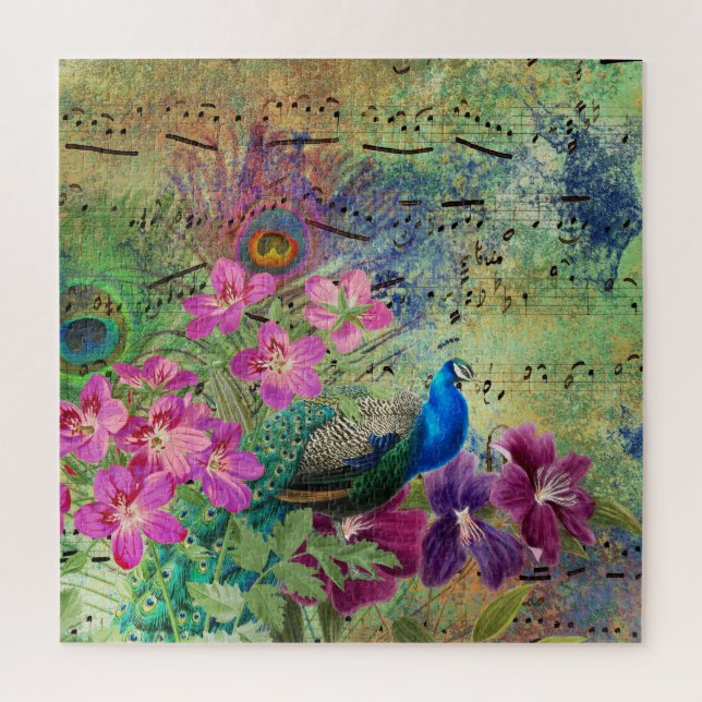 Navy Blue Peacock Pink Flowers Musical Notes Jigsaw Puzzle (Vertical)
