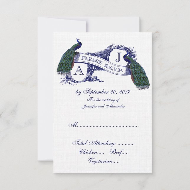 Navy Blue Peacock Wedding RSVP (Front)