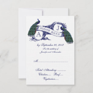 Navy Blue Peacock Wedding RSVP Card