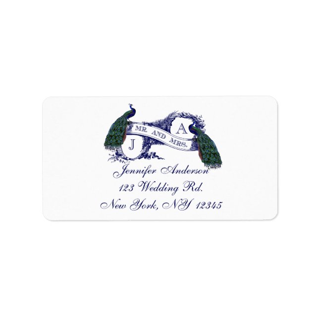 Navy Blue Peacock Wedding RSVP Label (Front)