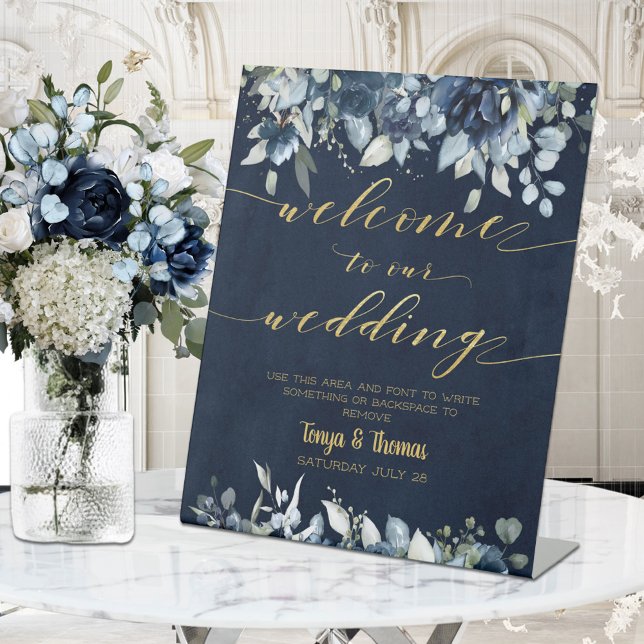 Navy Blue Peonies Gold Calligraphy Welcome Wedding Pedestal Sign (Creator Uploaded)