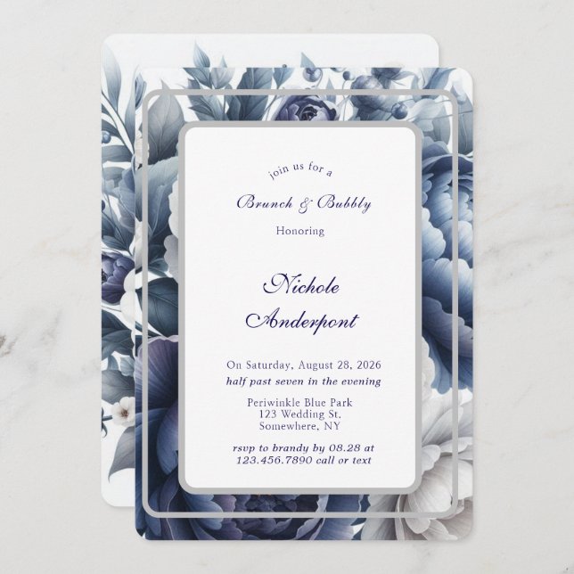 Navy Blue Peonies White Roses Brunch and Bubbly Invitation (Front/Back)