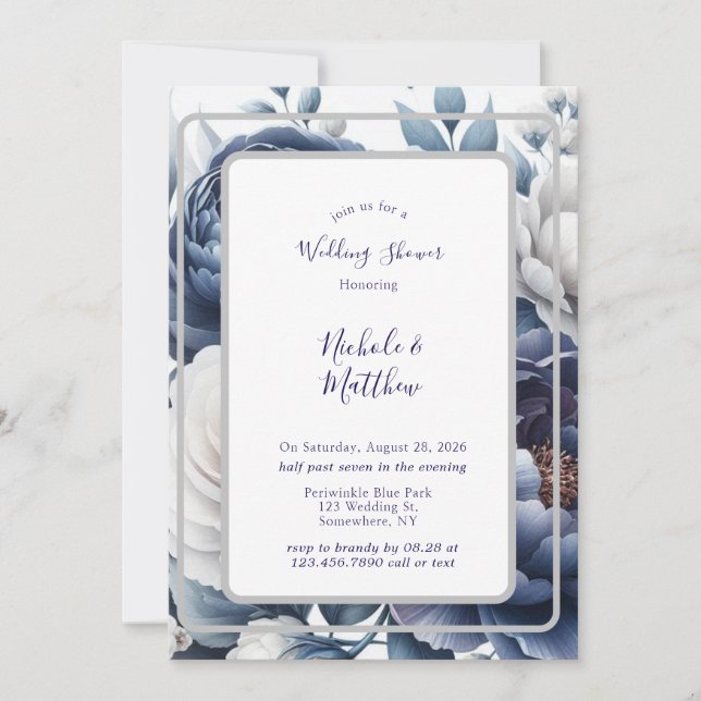 Navy Blue Peonies & White Roses Wedding Shower Invitation (Front)