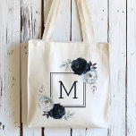 Navy Blue Peony Floral Monogram  Tote Bag<br><div class="desc">This tote bag features painted watercolor peonies in navy blue and white,  and monogram with square frames.  For more advanced customisation of this design,  please click the BLUE DESIGN TOOL BUTTON.</div>