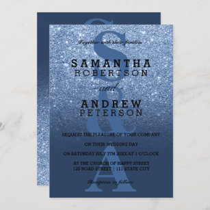 Navy blue peony glitter ombre monogram wedding invitation