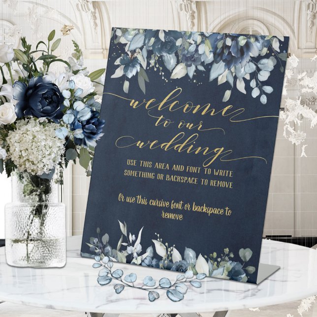 Navy Blue Peony & Gold Fancy Font Calligraphy Pedestal Sign (Creator Uploaded)