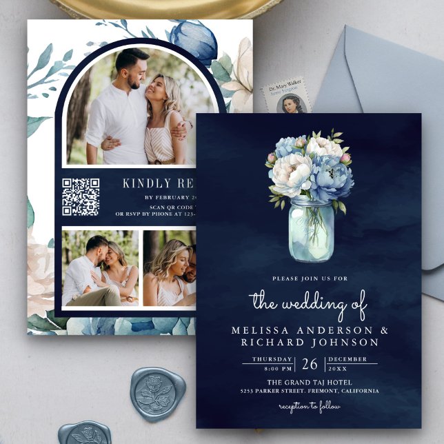 Navy Blue Peony Mason Jar QR Code Wedding Invitation (Creator Uploaded)