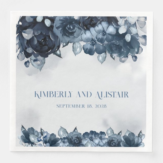 Navy Blue Peony Silver Eucalyptus Greenery Wedding Napkin (Front)
