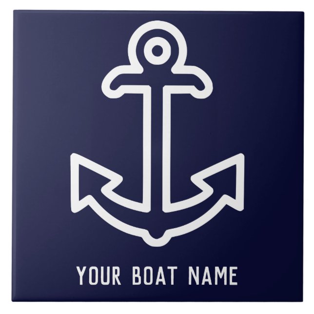 Navy Blue Personalised Boat Anchor Ceramic Tile (Front)