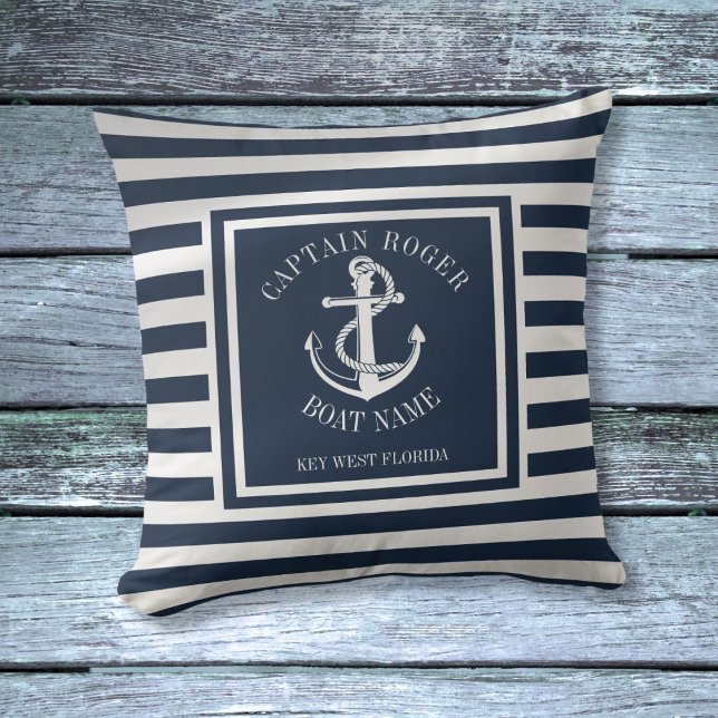 Navy Blue Personalised Captain Nautical Anchor Cushion (Navy Blue Personalized Captain Nautical Anchor Throw Pillow)