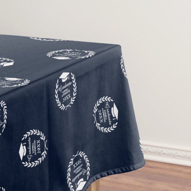 Navy Blue Personalised Emblem Pattern Graduation Tablecloth (In Situ)