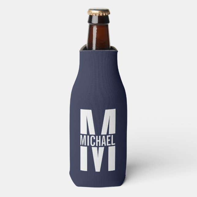 Navy Blue Personalised Monogram and Name Bottle Cooler (Bottle Front)