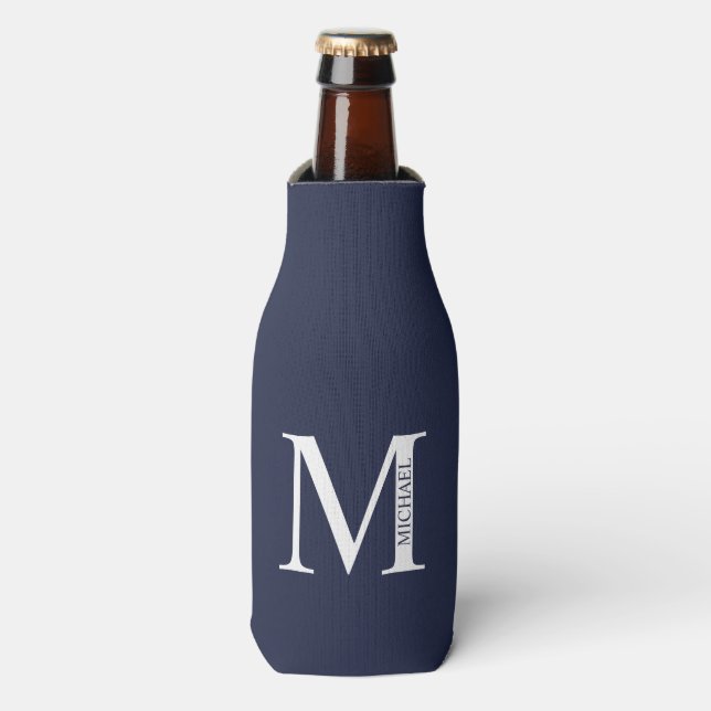 Navy Blue Personalised Monogram and Name Bottle Cooler (Bottle Front)