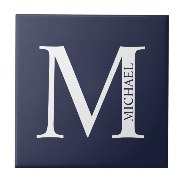 Navy Blue Personalised Monogram and Name Ceramic Tile (Front)