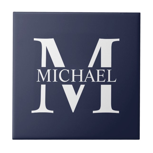 Navy Blue Personalised Monogram and Name Ceramic Tile (Front)