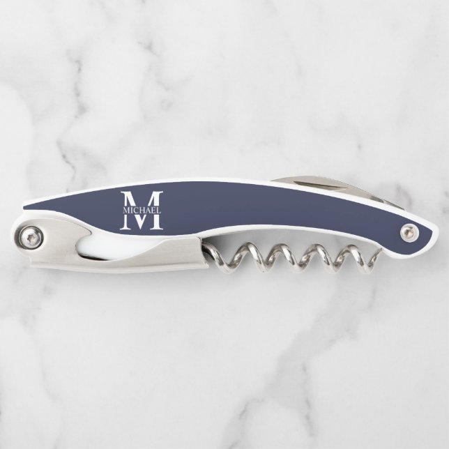 Navy Blue Personalised Monogram and Name Corkscrew (Front)