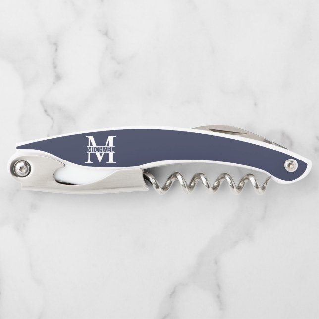 Navy Blue Personalised Monogram and Name Corkscrew (Front)