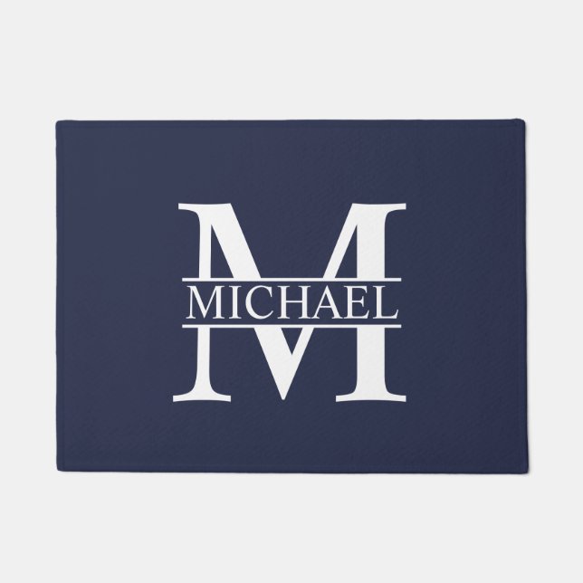 Navy Blue Personalised Monogram and Name Doormat (Front)