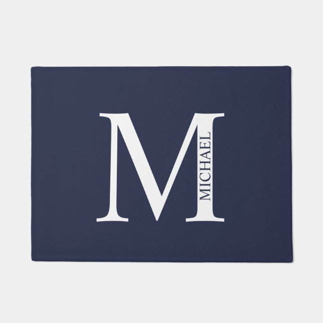 Navy Blue Personalised Monogram and Name Doormat (Front)