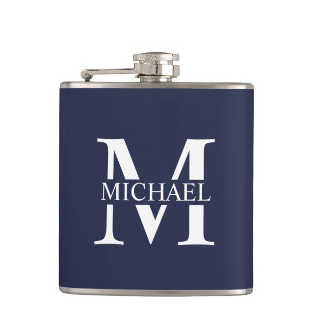 Navy Blue Personalised Monogram and Name Flask (Front)