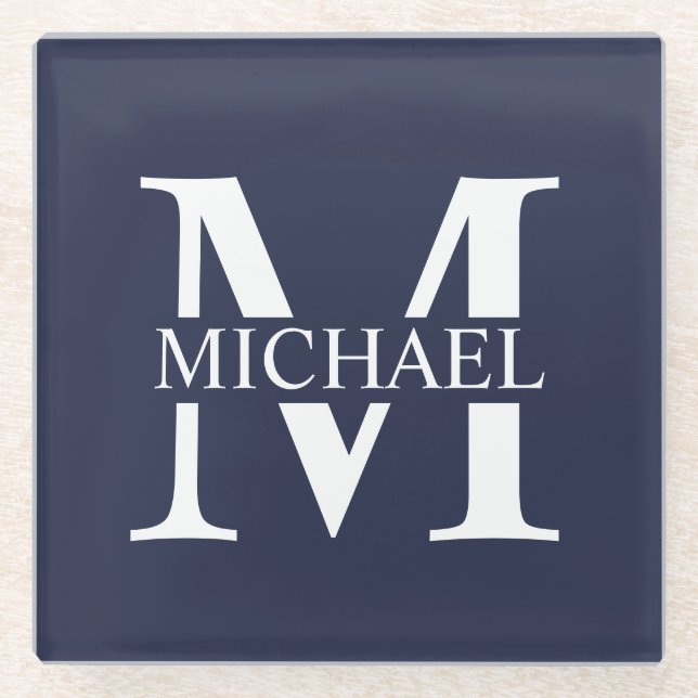 Navy Blue Personalised Monogram and Name Glass Coaster (Front)