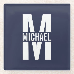 Navy Blue Personalised Monogram and Name Glass Coaster