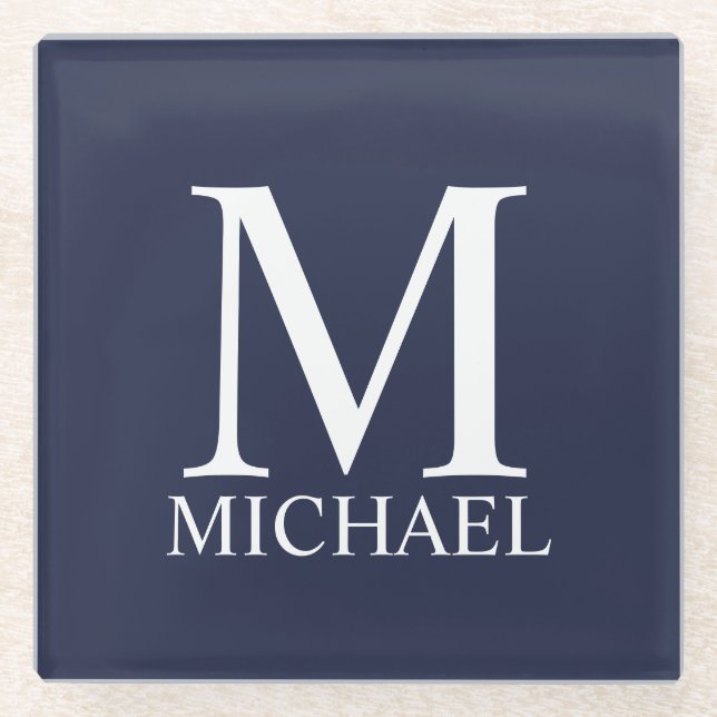 Navy Blue Personalised Monogram and Name Glass Coaster (Front)