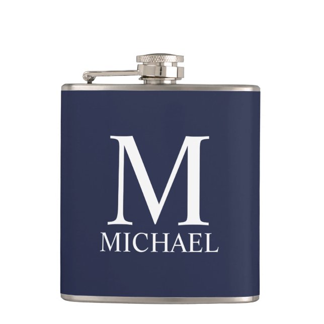 Navy Blue Personalised Monogram and Name Hip Flask (Front)