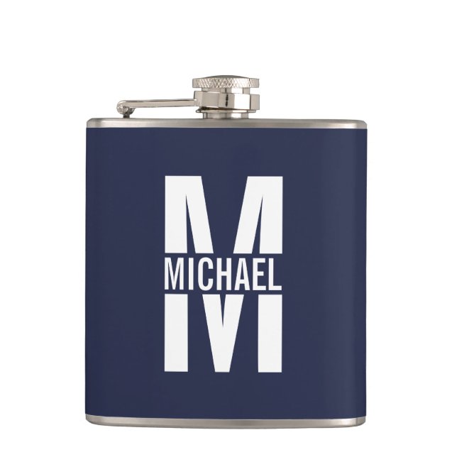 Navy Blue Personalised Monogram and Name Hip Flask (Front)