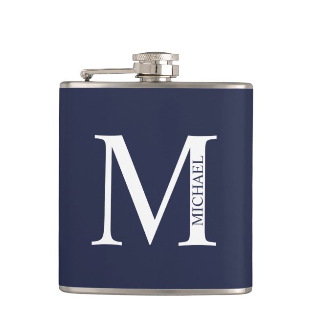 Navy Blue Personalised Monogram and Name Hip Flask (Front)