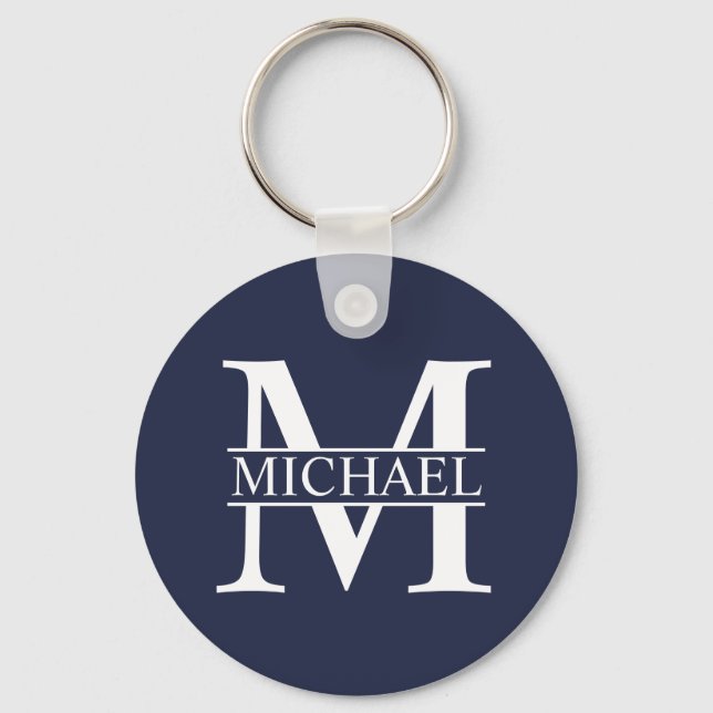 Navy Blue Personalised Monogram and Name Key Ring (Front)