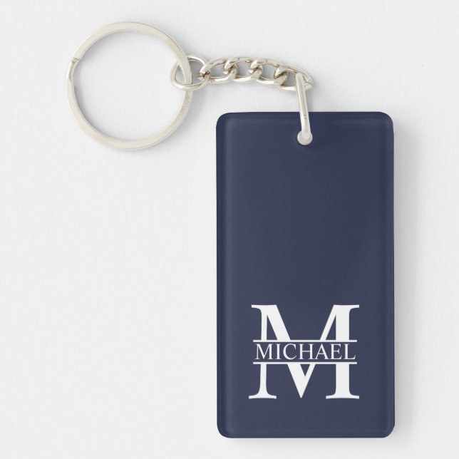 Navy Blue Personalised Monogram and Name Key Ring (Front)