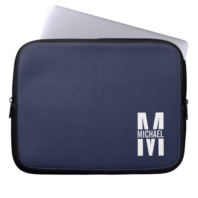Navy Blue Personalised Monogram and Name Laptop Sleeve (Front)