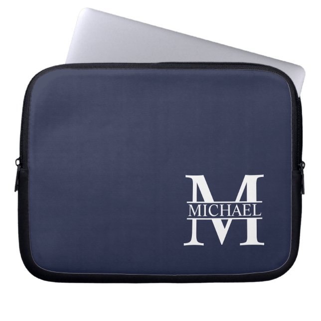 Navy Blue Personalised Monogram and Name Laptop Sleeve (Front)