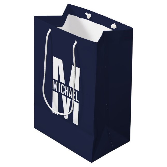Navy Blue Personalised Monogram and Name Medium Gift Bag (Front Angled)