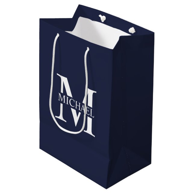 Navy Blue Personalised Monogram and Name Medium Gift Bag (Front Angled)