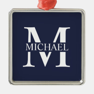 Navy Blue Personalised Monogram and Name Metal Ornament