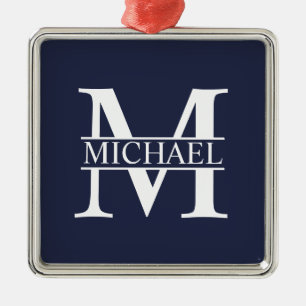 Navy Blue Personalised Monogram and Name Metal Ornament