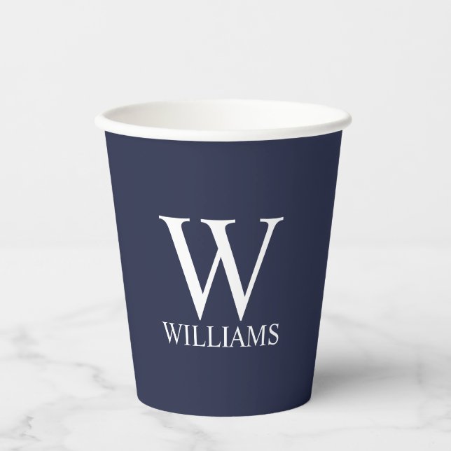 Navy Blue Personalised Monogram and Name Paper Cups (Front)