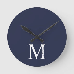 Navy Blue Personalised Monogram and Name Round Clock