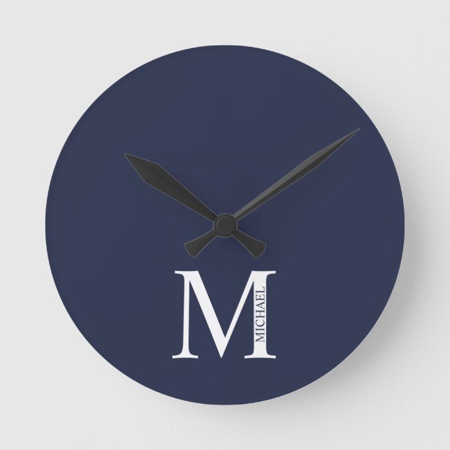 Navy Blue Personalised Monogram and Name Round Clock (Front)