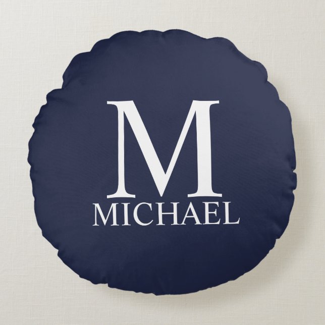 Navy Blue Personalised Monogram and Name Round Cushion (Front)