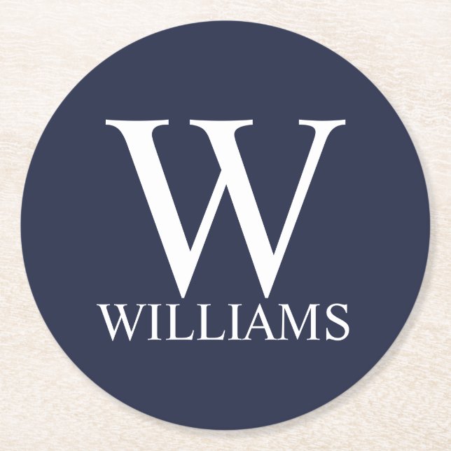Navy Blue Personalised Monogram and Name Round Paper Coaster (Front)