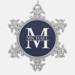 Navy Blue Personalised Monogram and Name Snowflake Pewter Christmas Ornament