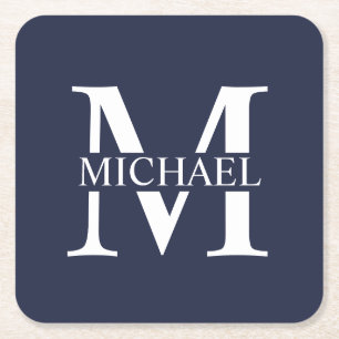 Navy Blue Personalised Monogram and Name Square Paper Coaster