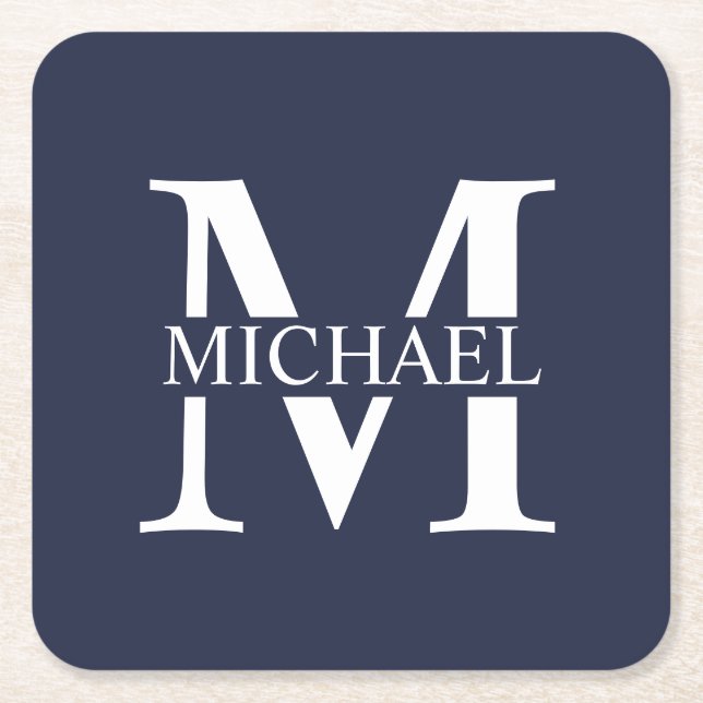 Navy Blue Personalised Monogram and Name Square Paper Coaster (Front)