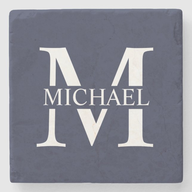Navy Blue Personalised Monogram and Name Stone Coaster (Front)