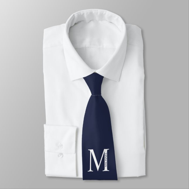 Navy Blue Personalised Monogram and Name Tie (Tied)