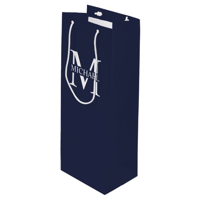 Navy Blue Personalised Monogram and Name Wine Gift Bag (Front Angled)