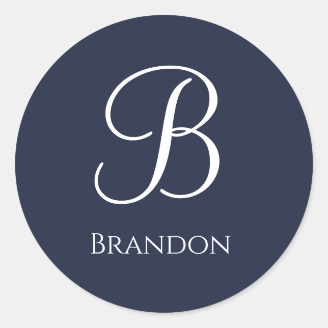 Navy Blue Personalised Name and Monogram Classic Round Sticker (Front)